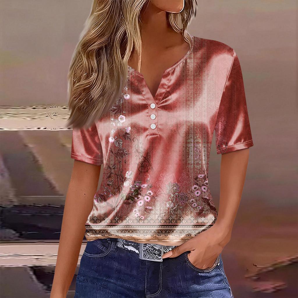 Women's Fashion Casual Retro Print  Collar Short Sleeve Button T-Shirt Top