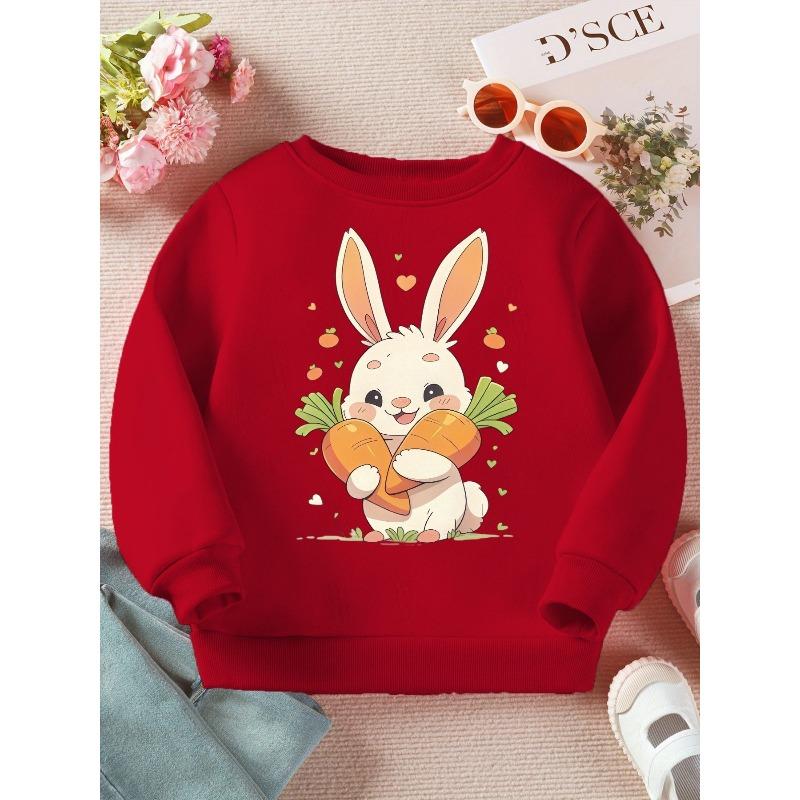 Kids Crewneck Sweatshirt, Cute White Rabbit Carrot Print Long Sleeve Casual Top for Spring Autumn