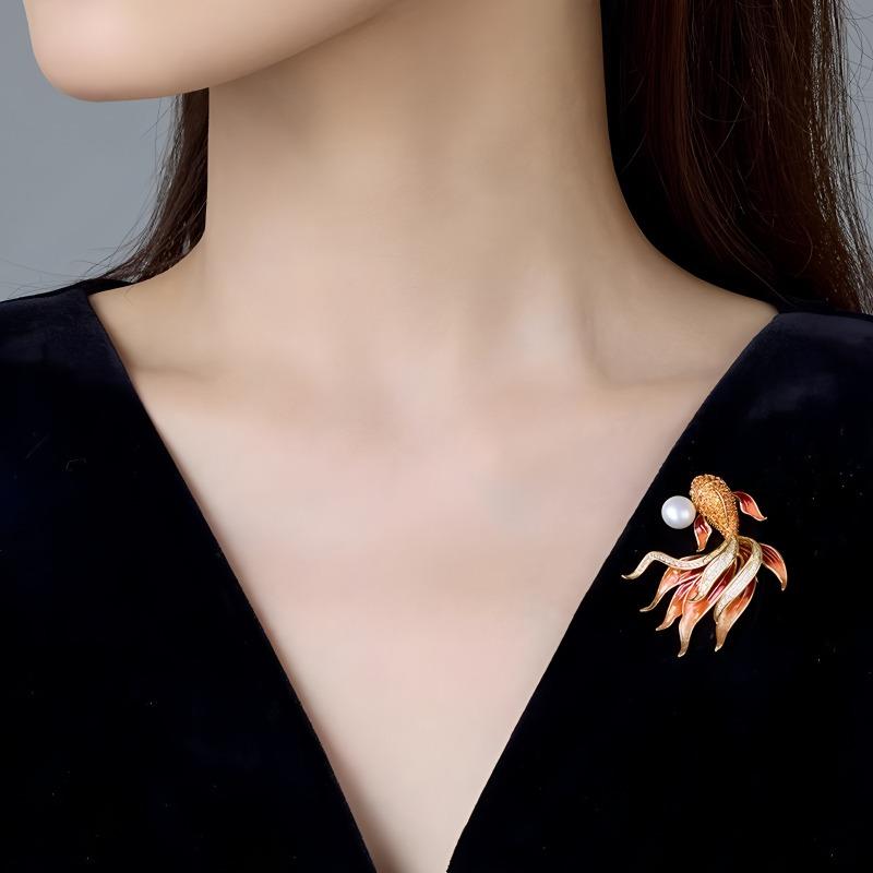 Pearl Koi Brooch, Elegant Goldfish Brooch, Niche Luxury Design Pin