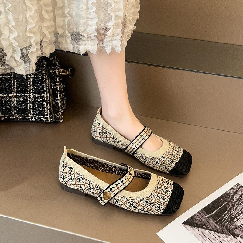 Modieuze Retro Vierkante Neus Mary Jane Schoenen voor Dames Zomer Splicing Kleur Dames Flats 2025 Sociaal Lage Prijs Mode 39 Elegante Jurk Schoen