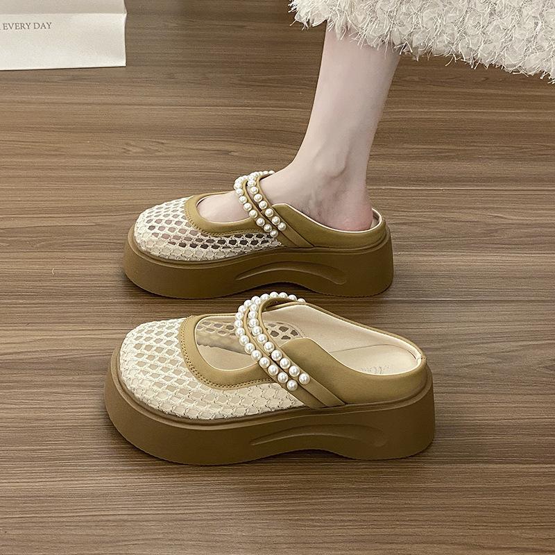 

2025 casual fashion new non-slip half-drag versatile bag head slippers women s outer wear breathable summer thick bottom one pedal 40 хаки
