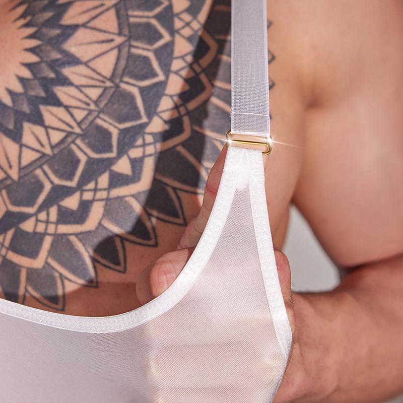 Mens Hidden Snap Open Crotch Bodysuit Suspender Silky Muscle Macho Slim Tops Sissy Lingerie Shiny Sheer Sleeveless Mankini Thong