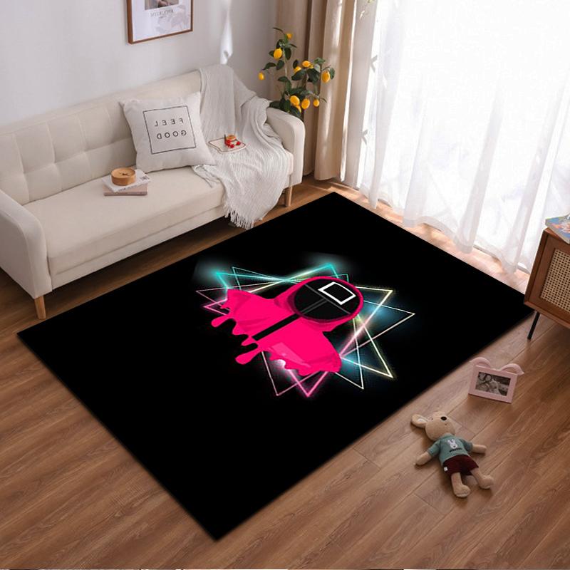 "Geometric Neon Pattern Carpet with Pink Hooded Figure and Black Base" Suitable for use as an anti-slip for living room bedroom sofas