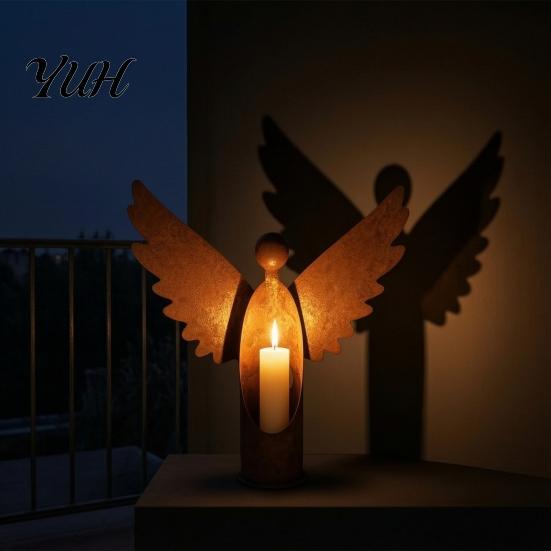 Garden Patio Ornament Decor Rusted Angel Candle Holder, Vintage Metal Tealight Candelabra, Decorative Holder for Windowsill Rustic Weather?Resistant