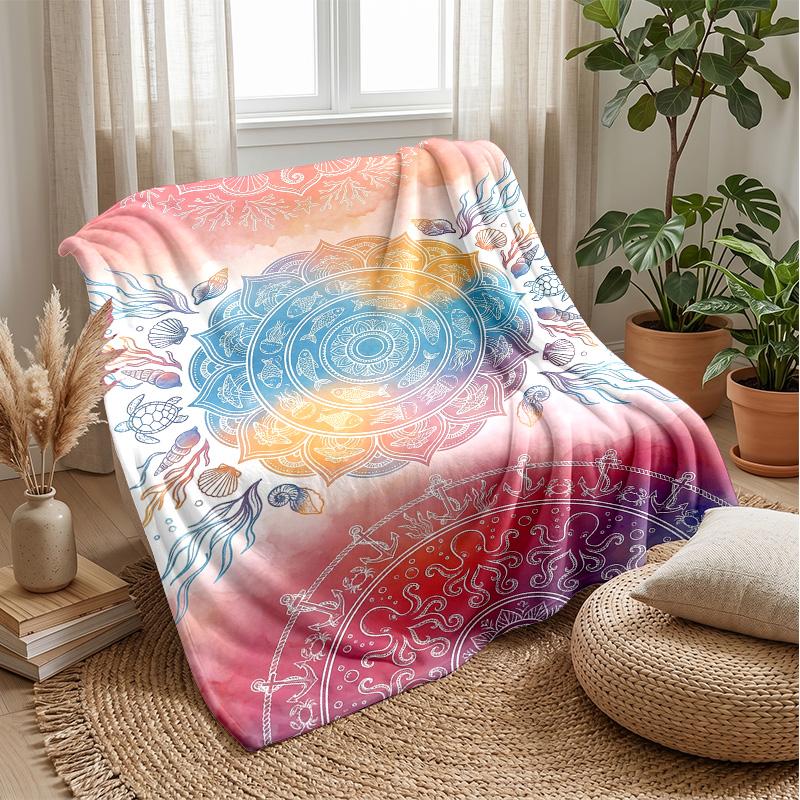 Ocean Mandalas Design Theme Blanket Lightweight Warm Flannel Blanket Decorative Throw Blanket for Home Decoration