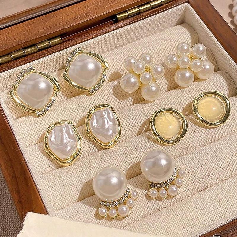 6/10/12 Pcs Simulated Pearl Round Square Stud Earrings Small French Elegant Daity Ear Studs for Women Daily Jewelry Sets F