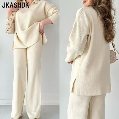 Women's Fashion Casual Spring Autumn Solid Color Print Long Sleeve POLO Neck Trousers Pants Suits