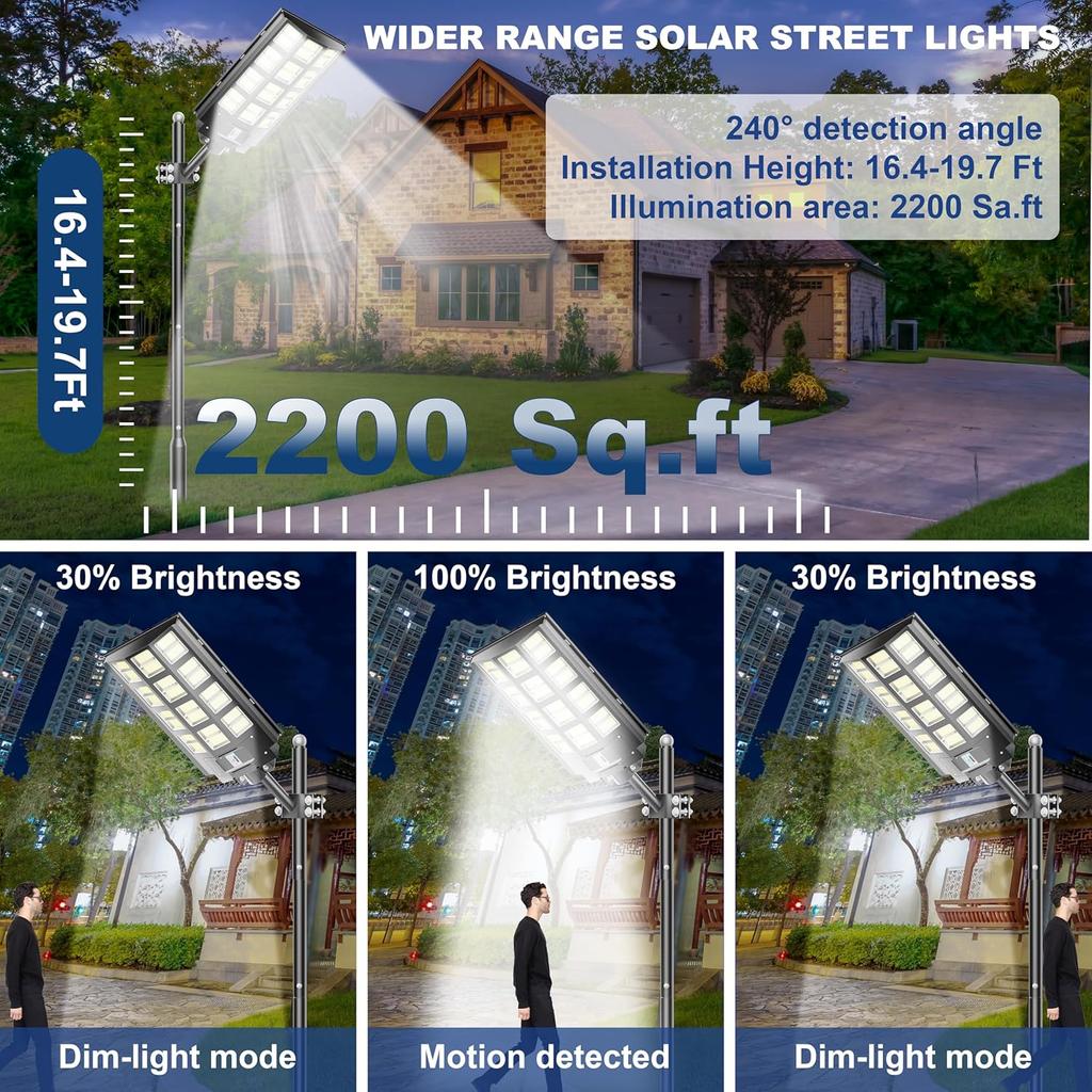 Solar Street Light 8000W 120000 Lumens Outdoor Waterproof LED with Motion Sensor, 7000K Dusk to Dawn, for Parking Lot Yard 1-Pac