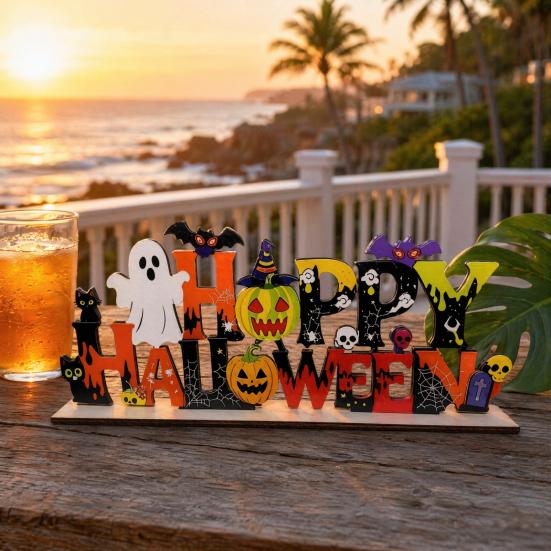 Fall Season Shelf Decor Happy Halloween Wooden Sign Ornaments with Pumpkin Ghost And Bat Elements for Decorative Party Props Tiered Tray Table Autumn