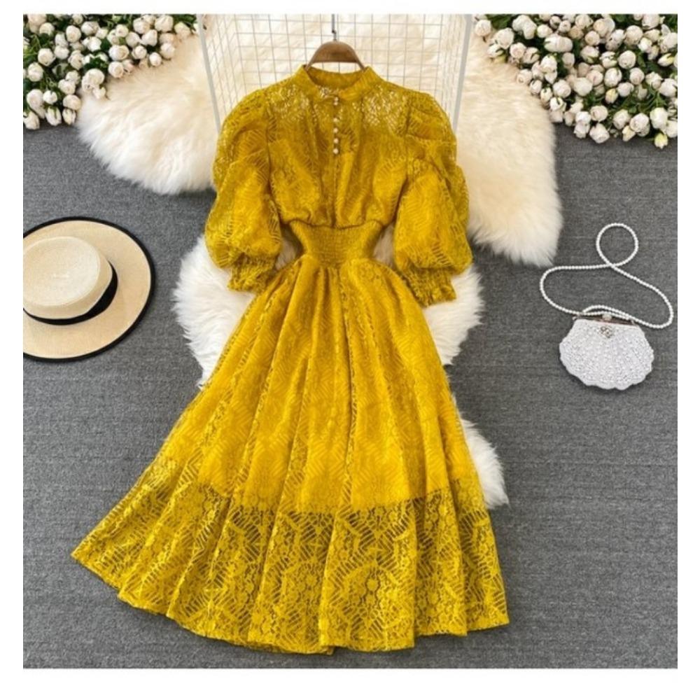 Court Style Stand-up Collar High Waist and Thin Bubble Sleeves Lace Dress Bohemian Seaside Vacation Big Swing Dress Women