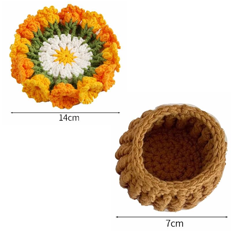 Creative Knitted Coasters Mini Rose Hand-Held Bouquets Placemat Crocheted Rose Coasters Small Flower Potted Desktop Decorations