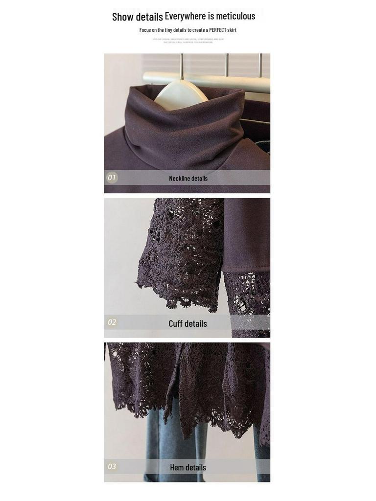 Plus Size German Velvet Lace Long Sleeve High Neck Top - Women's Slimming Autumn Winter Outerwear Shirt