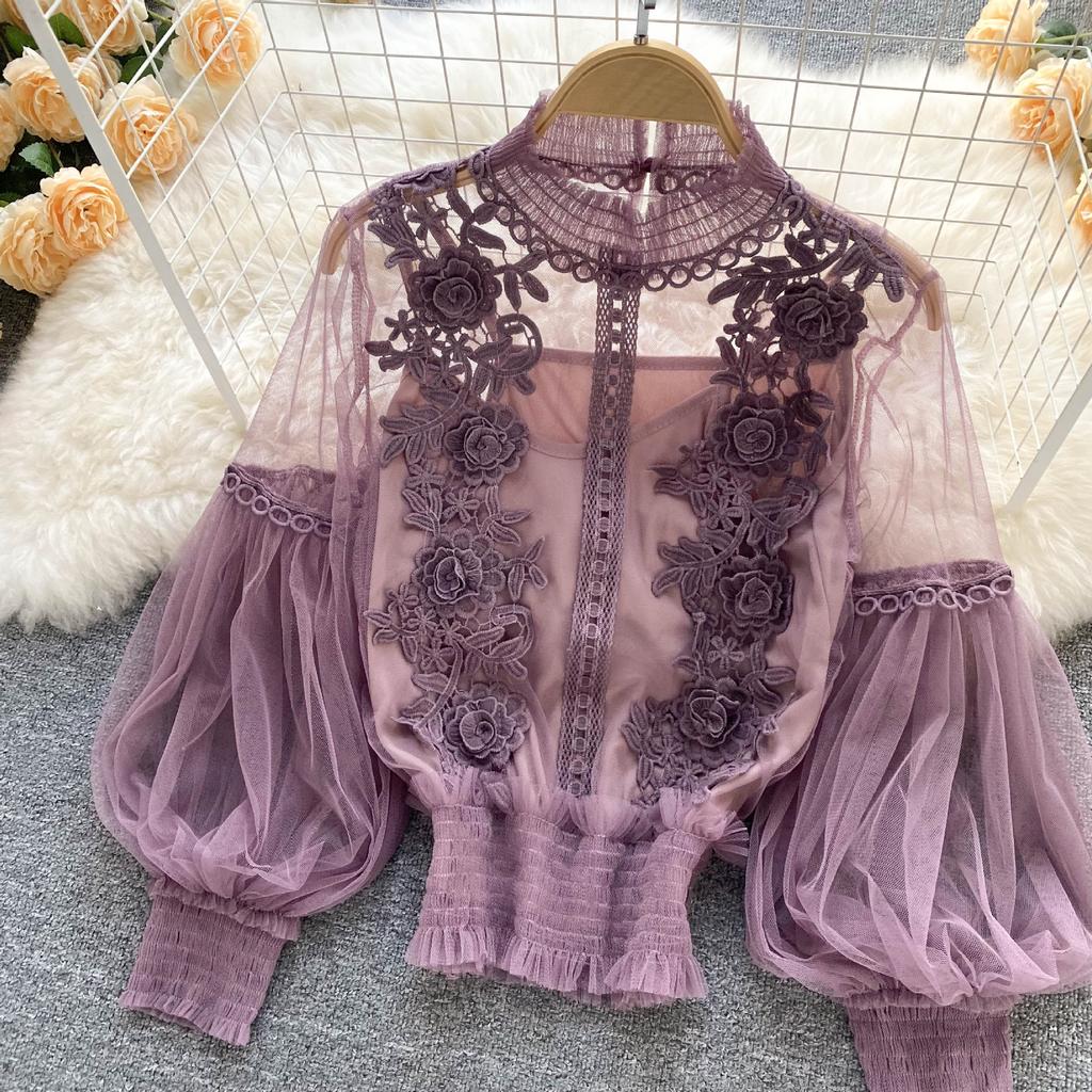 Danmo  Korean Style Chic Sexy Lace Blouse Women Long Lantern Sleeve Shirt Floral Elegant Mesh Blusas