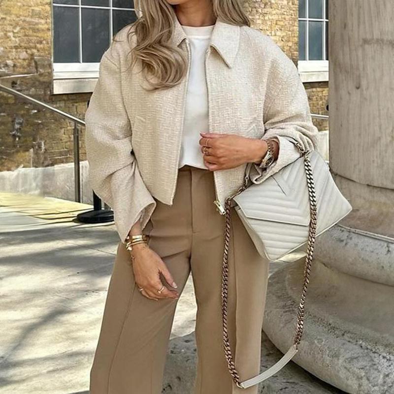 

Women s Beige Oversized Shirt Jacket Loose Casual Cropped Blazer S абрикосовий
