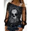 Women's Lace Turtleneck Skull Floral Print T-Shirt Gothic Long Sleeve Hollow Out Fashion Tops