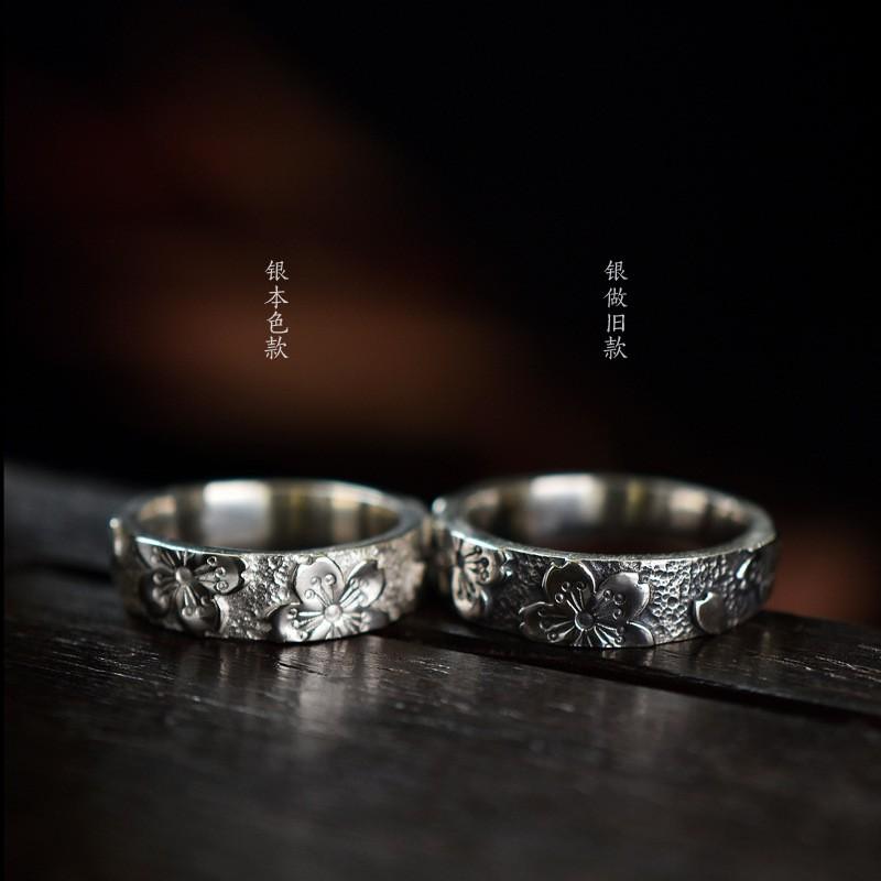 Handcrafted Cherry Blossom Engraved Adjustable Ring Women Men Vintage Boho Floral Open Band Sterling