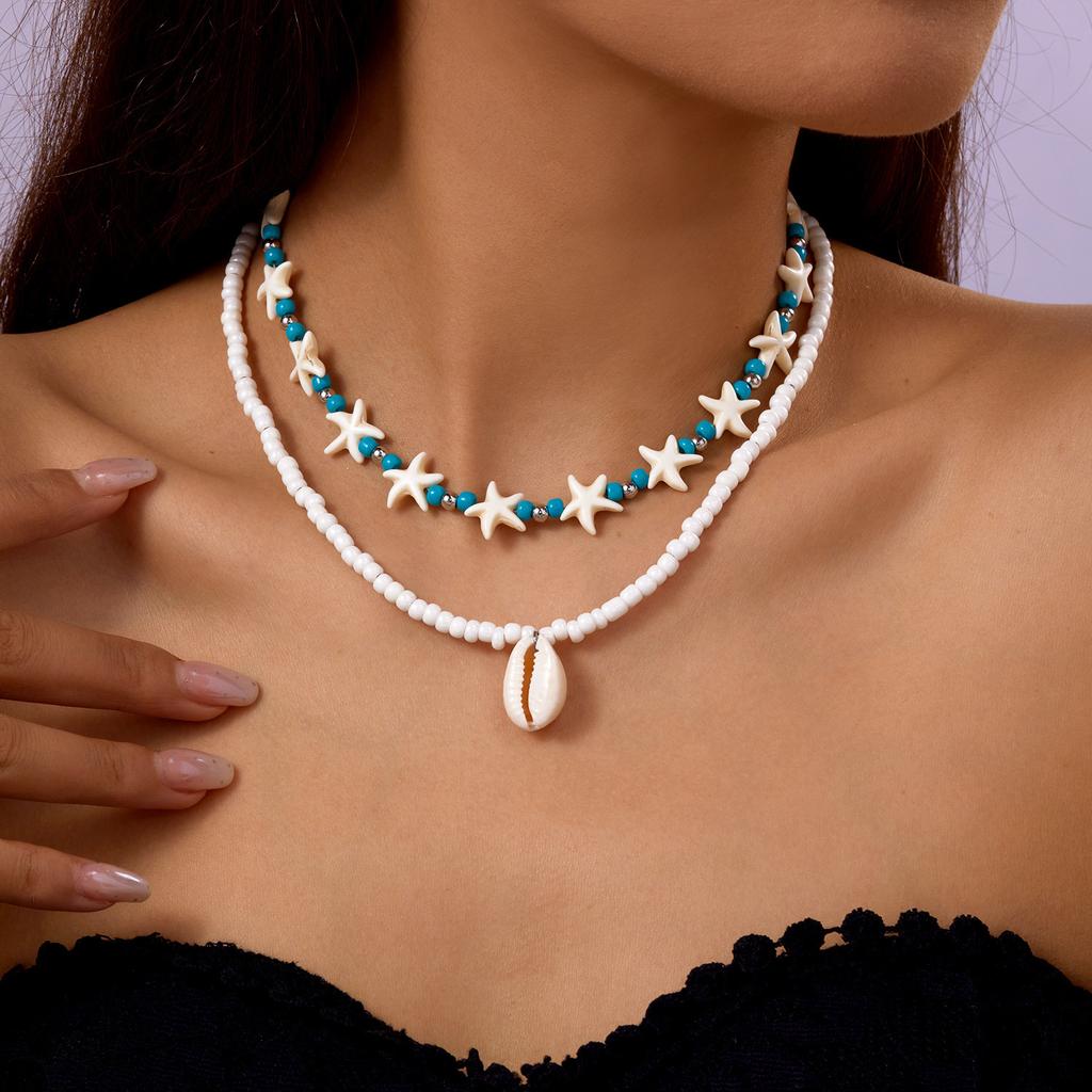 Beach Themed Colorful Shell Pendant Necklace for Women Pearl Star Crossbody Layered Collarbone Chain Jewelry Accessory