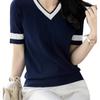 Women's Korean-Style Slimming Versatile Fashion Knitted Top Loose Color-Block V-Neck Solid Color Short-Sleeve T-Shirt