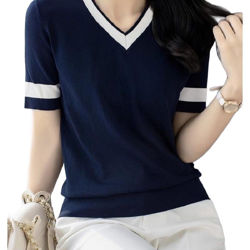 Women's Korean-Style Slimming Versatile Fashion Knitted Top Loose Color-Block V-Neck Solid Color Short-Sleeve T-Shirt