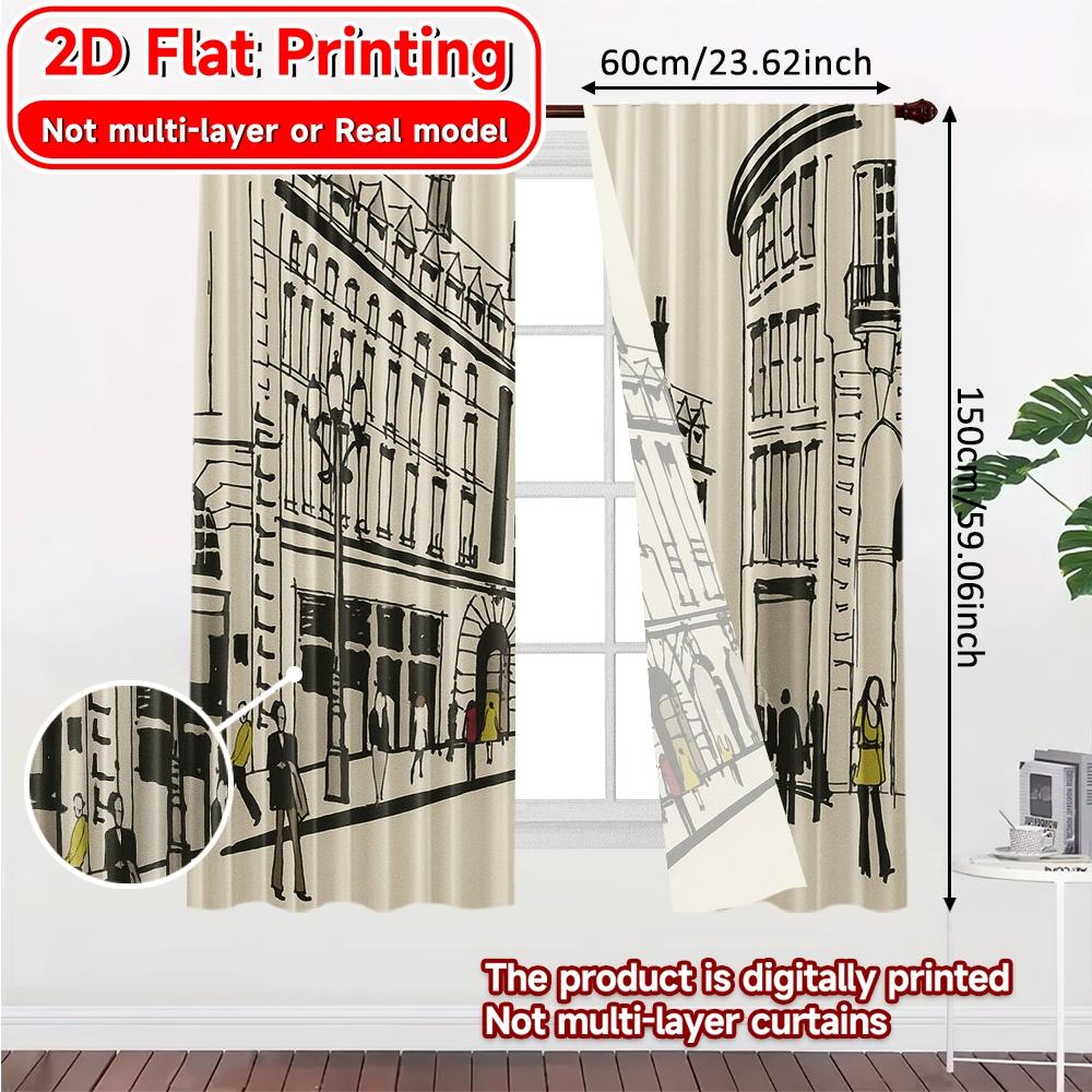 2pcs   2D FLAT PRINTING Curtains (Without Rod) London Streets Christmas Holiday Curtains with Digital Printing Polyester Easy