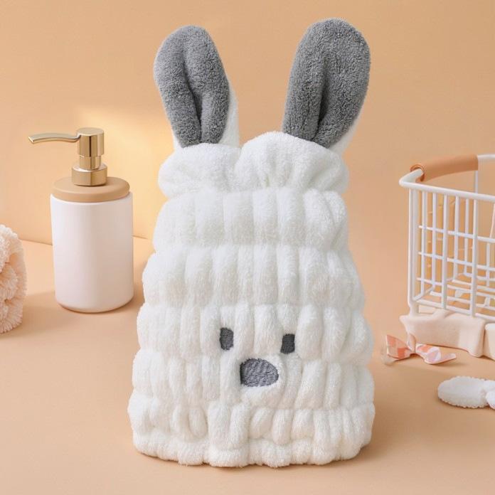 

Милые мультяшные полотенца для сушки волос с кроликом, мягкий коралловый флис, детские, быстросохнущая шапка-обертка, новые женские полотенца для душа, шапка для сушки, впитывающие белый