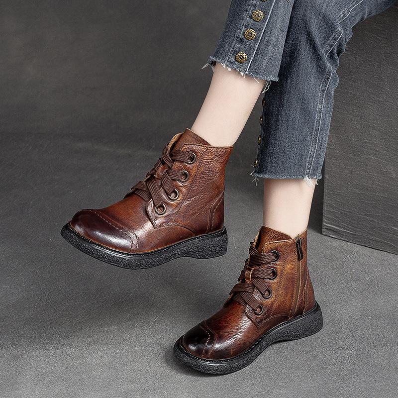 Fashion GKTINOO Genuine Leather Women Short Boots 2025 New Winter Round Toe Ziper Solid Color Handmade Retro Ankle Boots