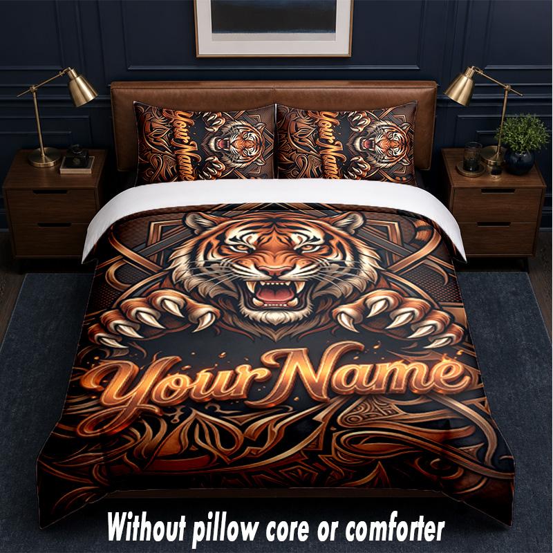 Lion Tiger Theme Custom Text Or Name 3Pcs Bedding Set,1 Flat Sheet & 2 Pillowcases Personalized Home Bedding