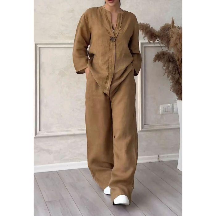 Women's Plus Size Cotton Linen Summer Shirt & Long Pants Two-Piece Set