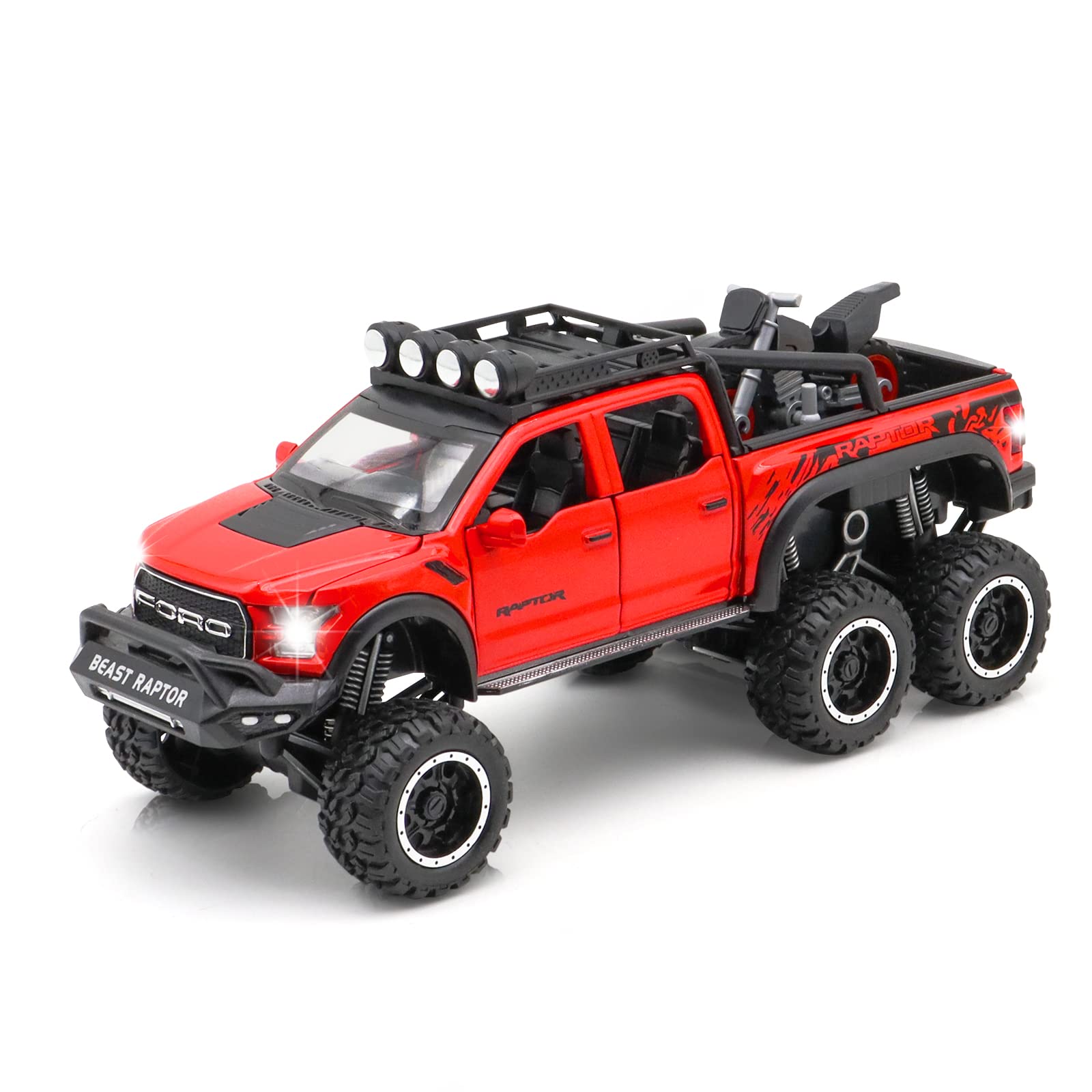 

Новий Ford Raptor F150 Симуляція Alloy Pickup Off Road Дитяча машина Іграшки 1: 24 моделі зі звуковим і світловим орнаментом колекції подарунків червоний