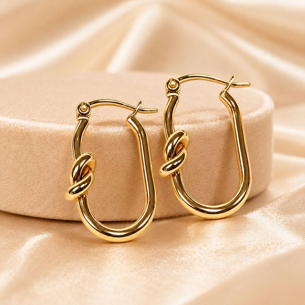 Gold Knotted Hoop Earrings - Light Luxury & Simple Style, Stainless Steel Plated Ear Studs
