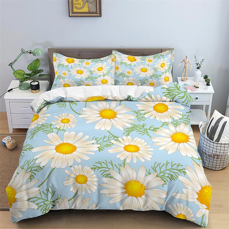 Floral Duvet Cover Microfiber 2/3Pcs Queen Daisy Bedding Set Leaves Plant Print Soft Breathable Quilt Cover With Zipper Closure