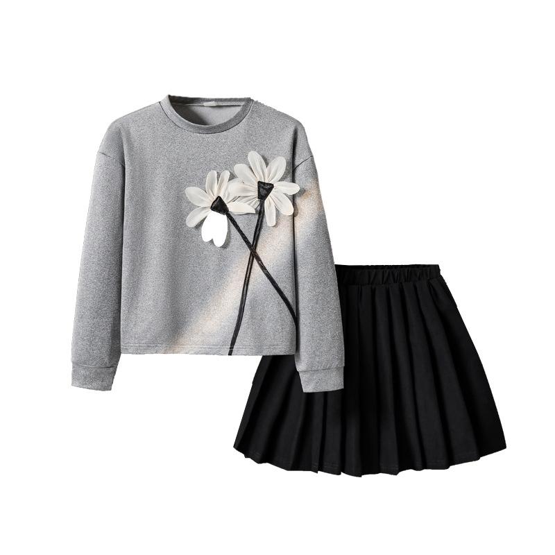 Set Casual pentru Fete, Toamnă Modă Copii Top Floral cu Mâneci Lungi, Fustă Plisată