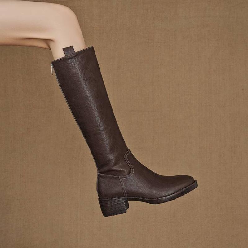 Podzimní a zimní dámské kožené boty z prané hovězí kůže ve velkých velikostech, nové dámské boty na středním podpatku, všestranné boty s kulatou špičkou, zadní zip, vysoké dámské boty