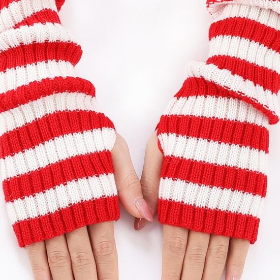 Women Striped Elbow Gloves Winter Knitted Arm Warmers Goth Punk Fingerless Gloves Stretchy Mittens with Thumb Hole for Daily Wear Cosplay
