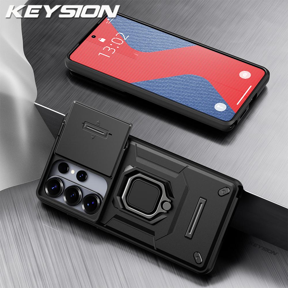 KEYSION Shockproof Armor Case for Samsung S26 Ultra 5G Slide Camera Lens Protection Ring Stand Phone Cover for Galaxy S26+ Plus
