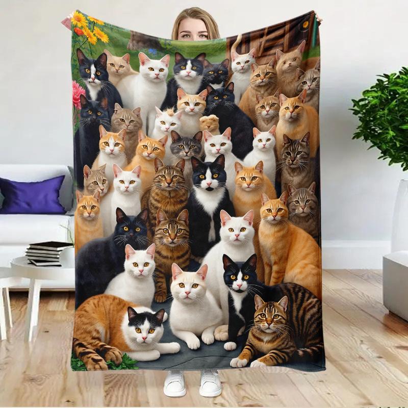 Group Cats Flannel Throw Blanket Various Breeds Cat Portrait Floral Background Sofa Blanket