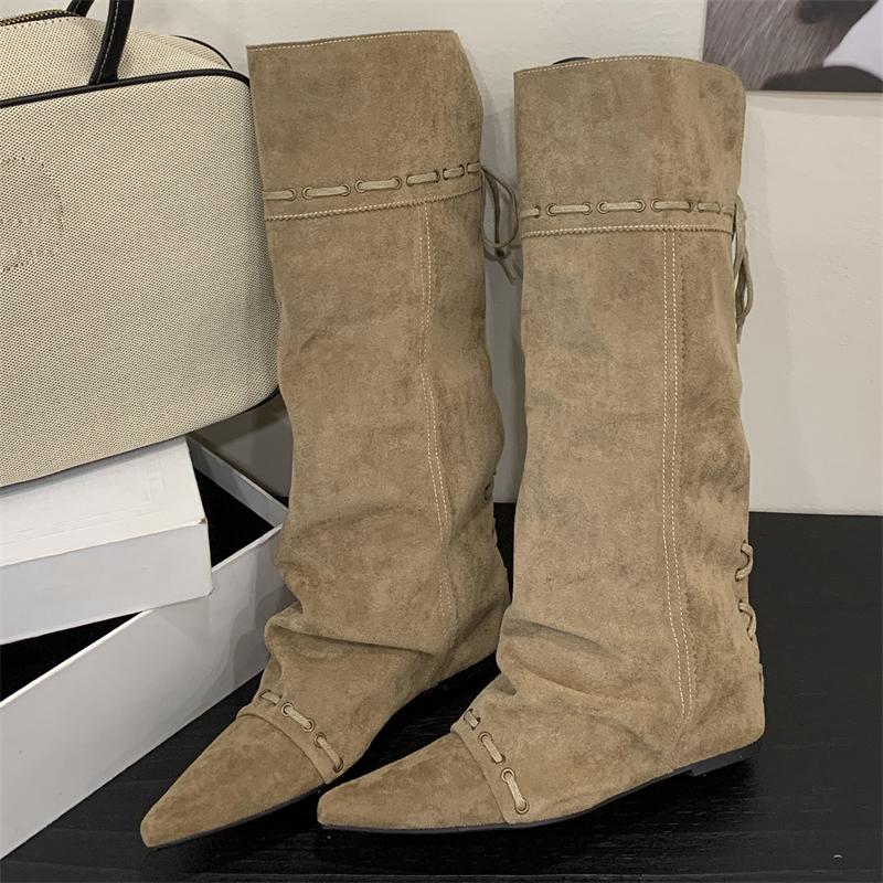 Winter Punk Vintage Women Knee High BootsDesigner Lace-up Pointed Toe Height Wedges Heels Shoes Botas De Mujer