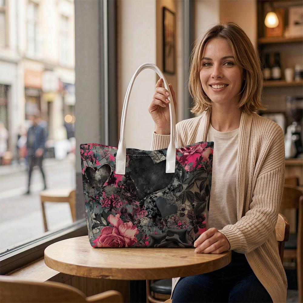Gothic Floral Heart Tote Bag for Women Stylish Shoulder Bag for Daily Use