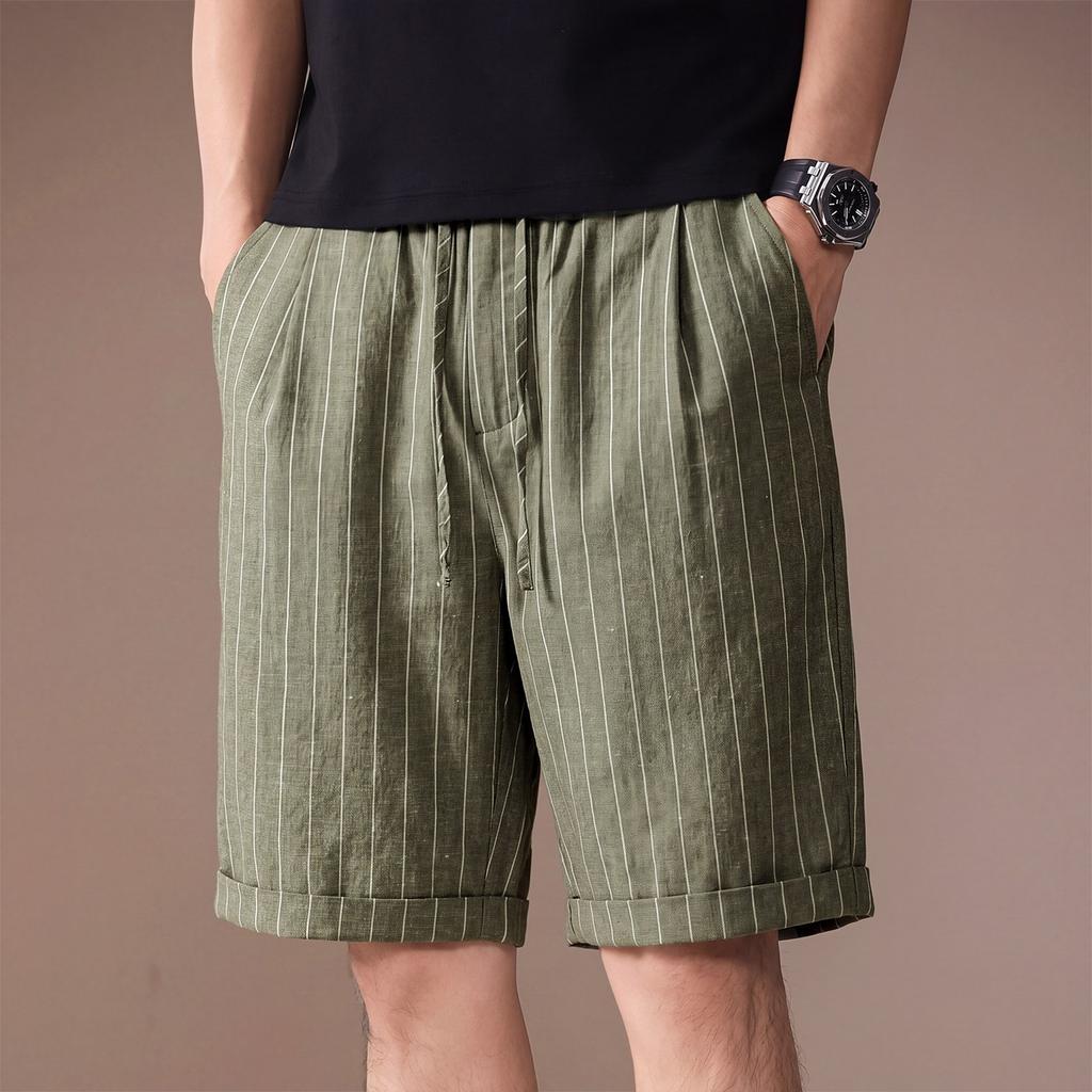 Hochwertige amerikanische Retro-Kontrastfarbe vertikale Streifen Leinen-Baumwollmischung lässige Shorts Herren Sommer dünn trendige Fünf-Punkt-Hose