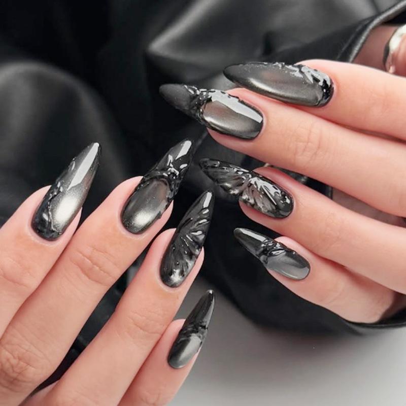 24Pcs Leopard Print Cat's Eye Nail Art Tip Long Almond Black Star Pattern Press on False Nails Pink Glitter Fake Nail Finished