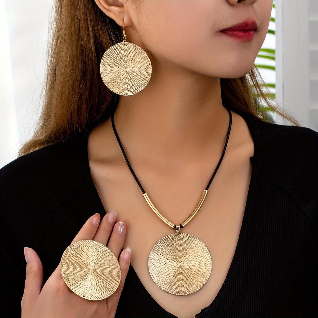 European & American Style Double Circle Pendant Necklace, Ring, and Earrings Set with Bold Texture