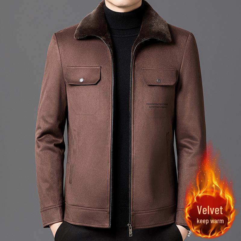 

Men s Suede Shearling Jacket - Thick Lapel Winter Coat with Velvet Lining 3XL червоний/коричневий