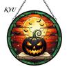 Reusable Halloween Decorative Objects Pumpkin Suncatcher, Stained Glass Style Round Window Hanging Ornament, Acrylic Easy Installation Metal