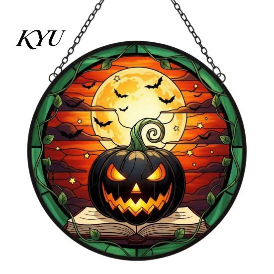 Reusable Halloween Decorative Objects Pumpkin Suncatcher, Stained Glass Style Round Window Hanging Ornament, Acrylic Easy Installation Metal