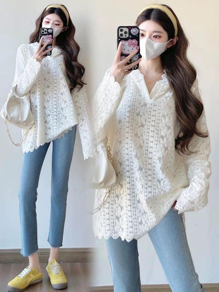 Elegant Plus Size Lace Patchwork Hooded Shirt - Slimming Long Sleeve Base Layer