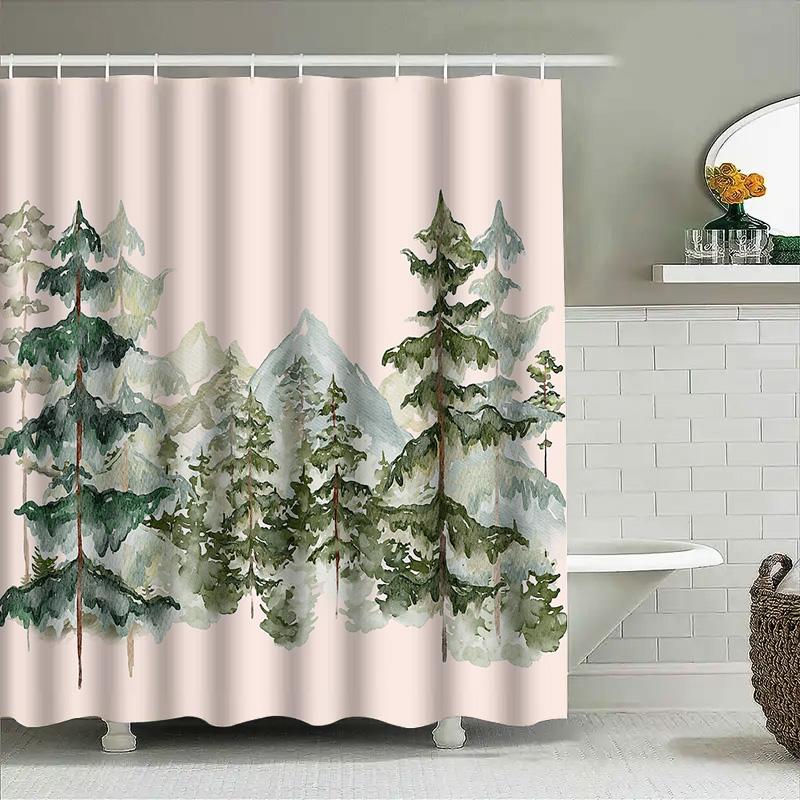 Forest Landscape Shower Curtain Nature Trees Mountain Backdrop Scenic Bathroom Decor Rustic Woodland Shower Curtain Greenery Bac