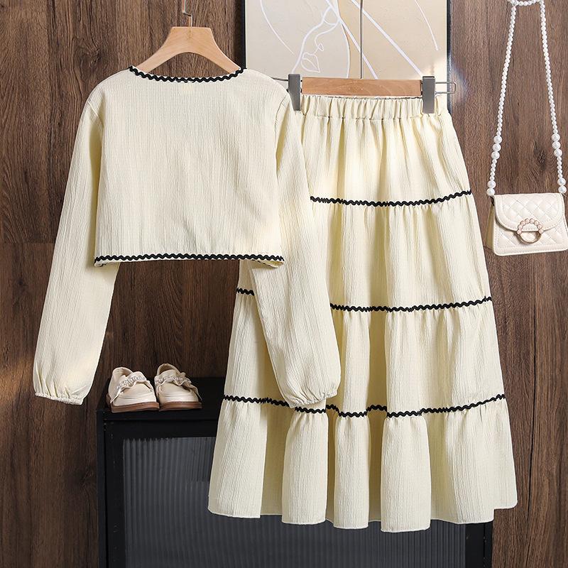 Girls' Clothing Autumn New Bow Long Sleeve Top Lace Trim Skirt