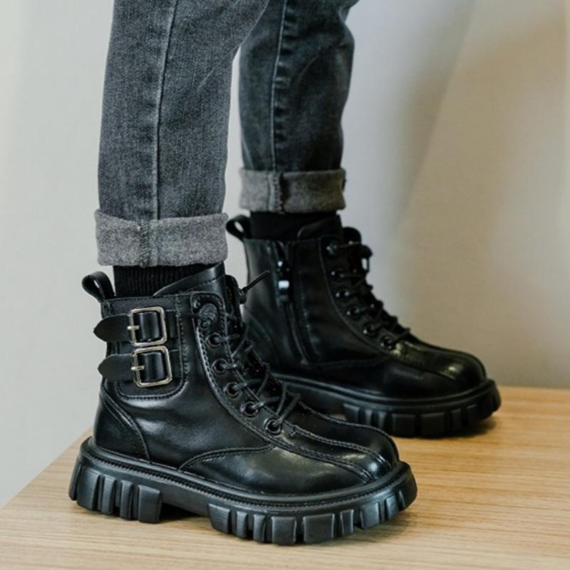 Boys' Fleece Cotton Boots Children's Non-slip British Style Cowhide Ankle Boots