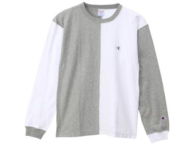 Long Long Sleeve Color Color One Point Logo Oxford L [Champion] T-shirt, T-shirt, Switching, Block, Embroidery, C3-P409 Men's, Gray,