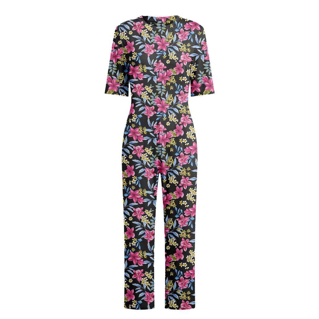 Damen Pflege-Jumpsuit für ältere Menschen mit Blumenprint, Kurzarm, Reißverschluss hinten, Loungewear-Stil, Anti-Strip, Anpassungsfähiger Strampler